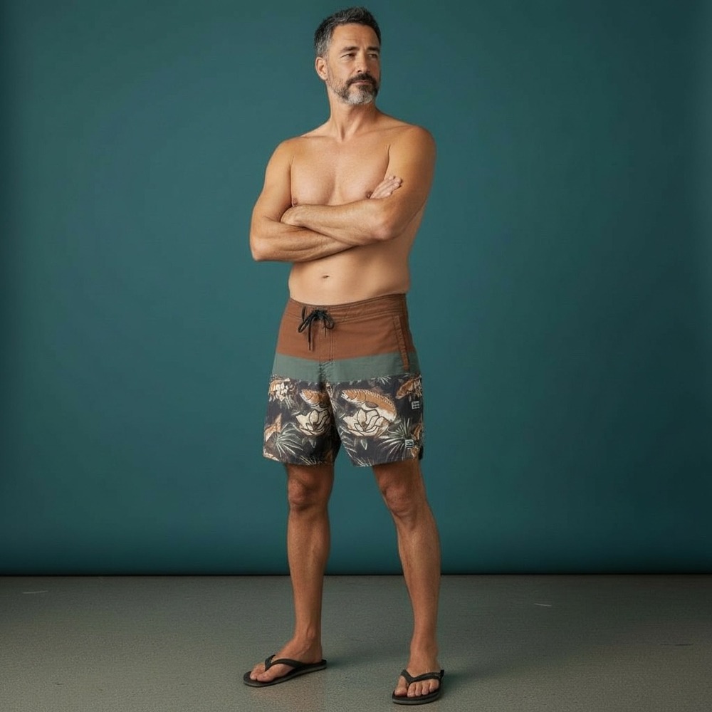 Marsh Wear Mens Board‎ Shorts Size 36 Fish Floral Print Swim Trunks Brown Green